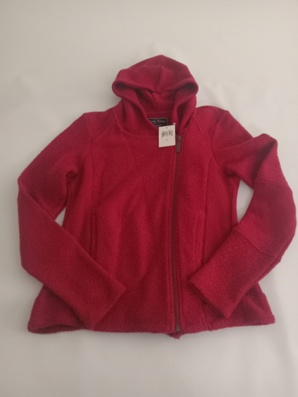 NWT Lucky Brand Women's Red Zip Up Moto Hooded Zip Sweater Knit Chunky Sz Large